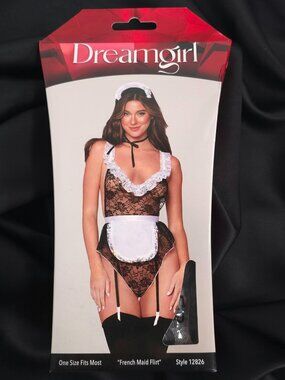 Dreamgirl French Maid Flirt Black White Lace Garter Teddy One Size 12826